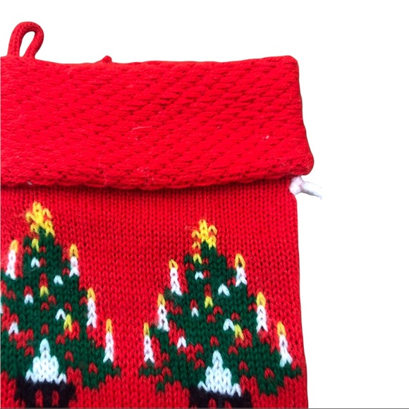 Vintage Christmas Stocking Knitted Xmas Trees Lights Pom Poms Red Multi … - Picture 3 of 4